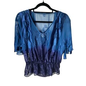ECI New York Blue Ombré Burnout Silk Velvet Blouse Size 4 Fairycore BohoRomantic